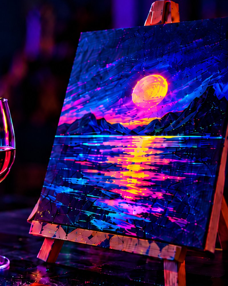 Un paesaggio fluo blu, rosa e giallo su un cavalletto