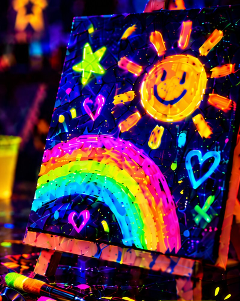 Una tela fluo con un arcobaleno, un sole e cuori